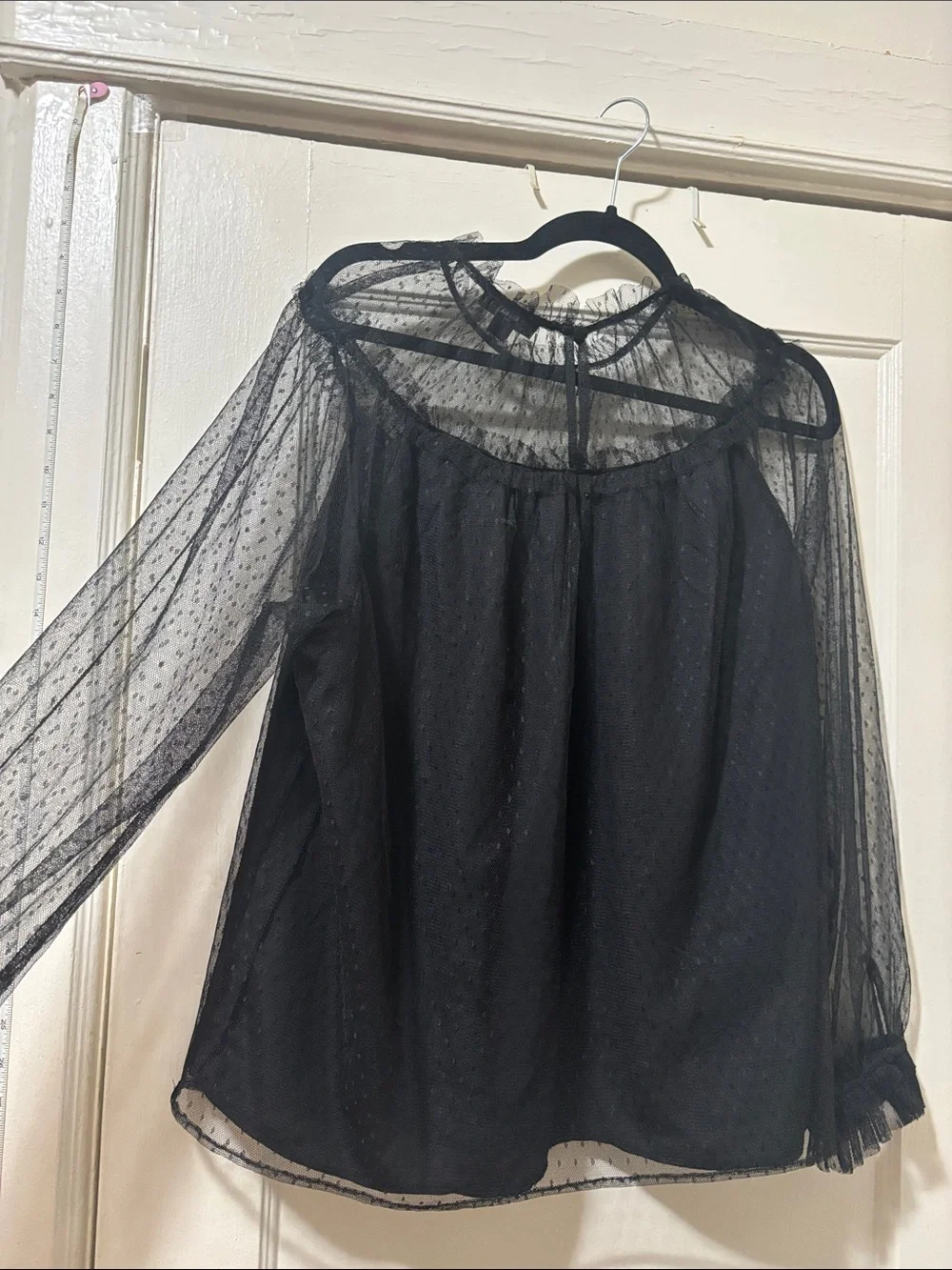 Jcrew Black Sheer Dot Mesh Blouse with Ruffle Neckline